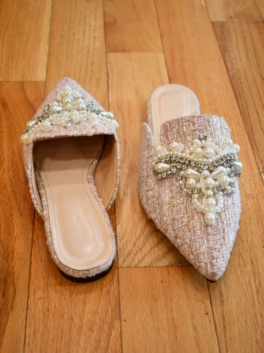 Pink Tweed Pointed-Toe Slip-On Flat Mule Slides Pearl/Jeweled Embellished - Picture 2 of 5